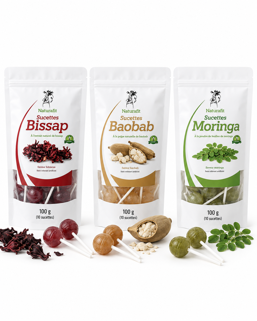 Sucettes Naturafri — Bissap Miel · Baobab · Moringa