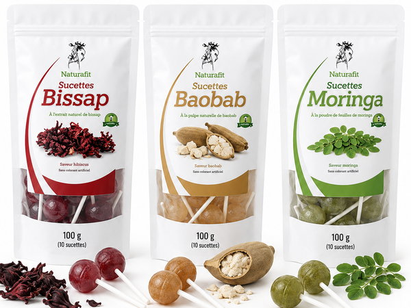 Sucettes Naturafri — Bissap Miel · Baobab · Moringa